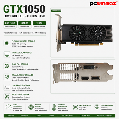 PCWINMAX GTX 1050 Tarjeta gráfica de escritorio 2GB 128Bit GDDR5 de perfil bajo Dual Fan