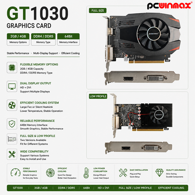 PCWINMAX GT 1030 2GB GDDR5 ATX Tarjeta gráfica 64 bits con un solo ventilador Tarjeta de vídeo de escritorio HD DVI