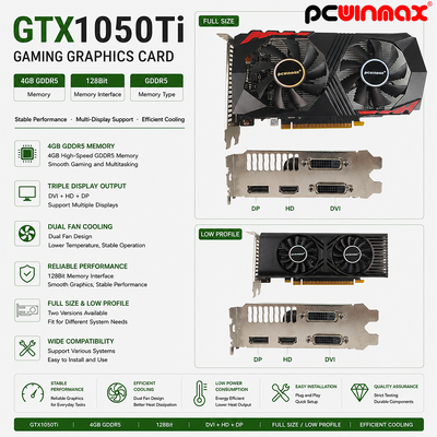 PCWINMAX GeForce GTX 1050 Ti Tarjeta gráfica 4GB DDR5 128 Bit Dual Fans 650MHz 1800MHz Frecuencia 1050Ti GPU de escritorio