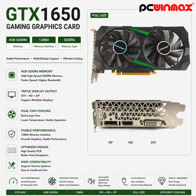PCWINMAX GeForce GTX 1650 4GB GDRR6 128Bit HD DP DVI soporte de salida DirectX 12 VR lista tarjeta gráfica OC