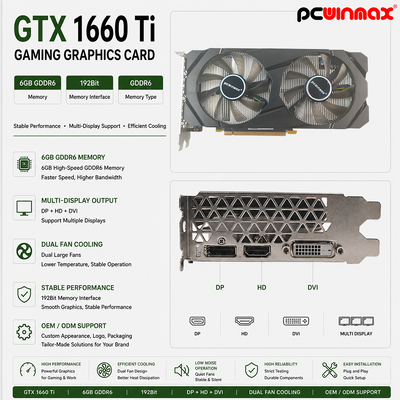 PCWINMAX Geforce GTX 1660 Ti 6GB Tarjeta gráfica de GPU 192 Bit 1500MHz/1770MHz HD DP DVI 14Gbps Memoria