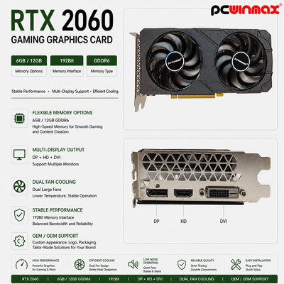 PCWINMAX Geforce RTX 2060 6GB GDDR6 192Bit 1680MHz Tarjeta gráfica de juego de doble ventilador con HD / DP / DVI en stock para computadoras de escritorio